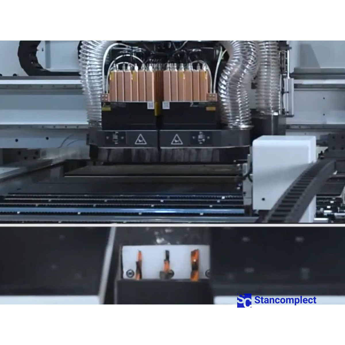 CNC drilling center KD-812ZA with two working tables, six drilling groups and milling with tool change